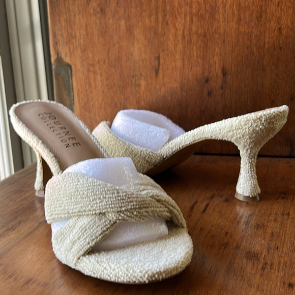 Terry Cloth Tan Women's Heels Kitten Heels Preppy Open Toe Sandals Toweling 2025 - Picture 6 of 15